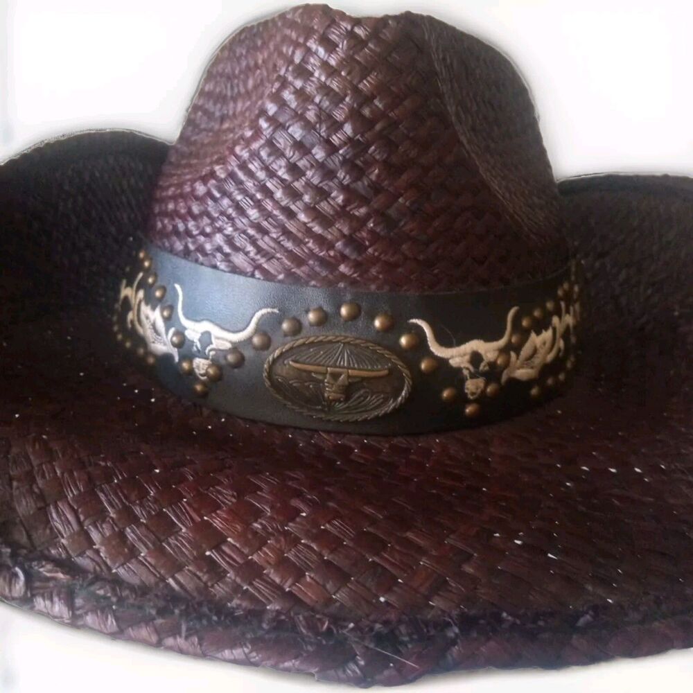 Vtg Kenny K Brown Tight Woven Straw Cowboy Hat Large Faux Leather Band Longhorn